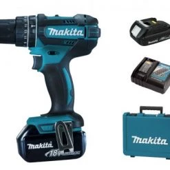 Perceuse à percussion sans fil Makita DHP482RFYE Perceuse visseuse à percussion à batteries 18V Li-Ion set (1x batterie 3.0Ah, 1x batterie 1.5) dans coffret